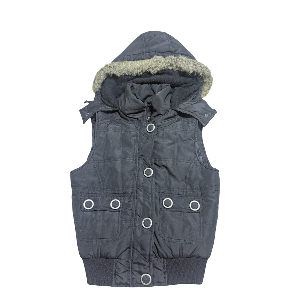 Rue21 Vest Womens Small Black Hooded Faux Fur Puffer Grommet Pockets Zip Front